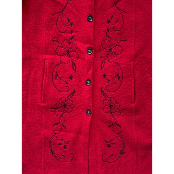 Y2K Red Wool Embroidered Knit Trench Coat  / Sz XL / Boho Long Sweater Felted - Picture 7 of 9